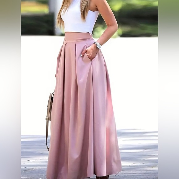 Passion of Essence Dresses & Skirts - Pale Pinkish Gray Pleated Long Loose Solid Casual Skirt